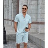 image:imageCOOFANDY Mens 2 Piece Cotton Linen Sets Summer Beach Outfits Casual Short Sleeve Henley Shirts and Vacation ShortsLight Blue