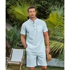 image:imageCOOFANDY Mens 2 Piece Cotton Linen Sets Summer Beach Outfits Casual Short Sleeve Henley Shirts and Vacation ShortsLight Blue