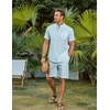 image:imageCOOFANDY Mens 2 Piece Cotton Linen Sets Summer Beach Outfits Casual Short Sleeve Henley Shirts and Vacation ShortsLight Blue