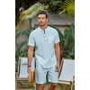 image:imageCOOFANDY Mens 2 Piece Cotton Linen Sets Summer Beach Outfits Casual Short Sleeve Henley Shirts and Vacation ShortsLight Blue