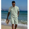 image:imageCOOFANDY Mens 2 Piece Cotton Linen Sets Summer Beach Outfits Casual Short Sleeve Henley Shirts and Vacation ShortsLight Green
