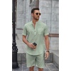 image:imageCOOFANDY Mens 2 Piece Cotton Linen Sets Summer Beach Outfits Casual Short Sleeve Henley Shirts and Vacation ShortsLight Green