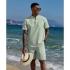 image:imageCOOFANDY Mens 2 Piece Cotton Linen Sets Summer Beach Outfits Casual Short Sleeve Henley Shirts and Vacation ShortsLight Green