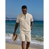 image:imageCOOFANDY Mens 2 Piece Cotton Linen Sets Summer Beach Outfits Casual Short Sleeve Henley Shirts and Vacation ShortsLight Khaki