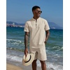 image:imageCOOFANDY Mens 2 Piece Cotton Linen Sets Summer Beach Outfits Casual Short Sleeve Henley Shirts and Vacation ShortsLight Khaki