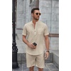 image:imageCOOFANDY Mens 2 Piece Cotton Linen Sets Summer Beach Outfits Casual Short Sleeve Henley Shirts and Vacation ShortsLight Khaki