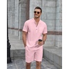 image:imageCOOFANDY Mens 2 Piece Cotton Linen Sets Summer Beach Outfits Casual Short Sleeve Henley Shirts and Vacation ShortsLight Pink