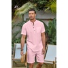 image:imageCOOFANDY Mens 2 Piece Cotton Linen Sets Summer Beach Outfits Casual Short Sleeve Henley Shirts and Vacation ShortsLight Pink