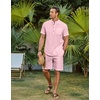 image:imageCOOFANDY Mens 2 Piece Cotton Linen Sets Summer Beach Outfits Casual Short Sleeve Henley Shirts and Vacation ShortsLight Pink
