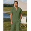 image:imageCOOFANDY Mens 2 Pieces Cotton Linen Sets Short Sleeve Casual Henley Shirt Summer Beach Pants Lounge Vacation Outfits SetArmy Green
