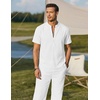 image:imageCOOFANDY Mens 2 Pieces Cotton Linen Sets Short Sleeve Casual Henley Shirt Summer Beach Pants Lounge Vacation Outfits SetAwhite