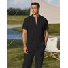 image:imageCOOFANDY Mens 2 Pieces Cotton Linen Sets Short Sleeve Casual Henley Shirt Summer Beach Pants Lounge Vacation Outfits SetBlack