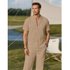 image:imageCOOFANDY Mens 2 Pieces Cotton Linen Sets Short Sleeve Casual Henley Shirt Summer Beach Pants Lounge Vacation Outfits SetKhaki