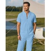 image:imageCOOFANDY Mens 2 Pieces Cotton Linen Sets Short Sleeve Casual Henley Shirt Summer Beach Pants Lounge Vacation Outfits SetLight Blue