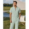 image:imageCOOFANDY Mens 2 Pieces Cotton Linen Sets Short Sleeve Casual Henley Shirt Summer Beach Pants Lounge Vacation Outfits SetLight Green