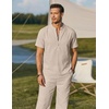 image:imageCOOFANDY Mens 2 Pieces Cotton Linen Sets Short Sleeve Casual Henley Shirt Summer Beach Pants Lounge Vacation Outfits SetLight Khaki
