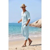 image:imageCOOFANDY Mens 2 Pieces Linen Set Henley Shirt Short Sleeve and Harem Capri Pants Wide Leg Baggy Beach Yoga Trousers OutfitsLight Blue
