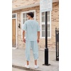 image:imageCOOFANDY Mens 2 Pieces Linen Set Henley Shirt Short Sleeve and Harem Capri Pants Wide Leg Baggy Beach Yoga Trousers OutfitsLight Blue
