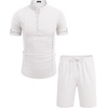 image:imageCOOFANDY Mens 2 Pieces Linen Set Henley Shirt Short Sleeve and Shorts Summer Beach Yoga Matching OutfitsAwhite