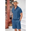 image:imageCOOFANDY Mens 2 Pieces Linen Set Henley Shirt Short Sleeve and Shorts Summer Beach Yoga Matching OutfitsDenim Blue