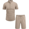 image:imageCOOFANDY Mens 2 Pieces Linen Set Henley Shirt Short Sleeve and Shorts Summer Beach Yoga Matching OutfitsKhaki