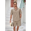 image:imageCOOFANDY Mens 2 Pieces Linen Set Henley Shirt Short Sleeve and Shorts Summer Beach Yoga Matching OutfitsKhaki