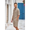 image:imageCOOFANDY Mens 2 Pieces Linen Set Henley Shirt Short Sleeve and Shorts Summer Beach Yoga Matching OutfitsKhaki