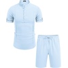 image:imageCOOFANDY Mens 2 Pieces Linen Set Henley Shirt Short Sleeve and Shorts Summer Beach Yoga Matching OutfitsLight Blue