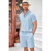 image:imageCOOFANDY Mens 2 Pieces Linen Set Henley Shirt Short Sleeve and Shorts Summer Beach Yoga Matching OutfitsLight Blue