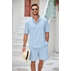 image:imageCOOFANDY Mens 2 Pieces Linen Set Henley Shirt Short Sleeve and Shorts Summer Beach Yoga Matching OutfitsLight Blue