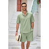 image:imageCOOFANDY Mens 2 Pieces Linen Set Henley Shirt Short Sleeve and Shorts Summer Beach Yoga Matching OutfitsLight Green
