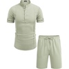 image:imageCOOFANDY Mens 2 Pieces Linen Set Henley Shirt Short Sleeve and Shorts Summer Beach Yoga Matching OutfitsLight Green