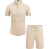 image:imageCOOFANDY Mens 2 Pieces Linen Set Henley Shirt Short Sleeve and Shorts Summer Beach Yoga Matching OutfitsLight Khaki