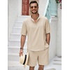 image:imageCOOFANDY Mens 2 Pieces Linen Set Henley Shirt Short Sleeve and Shorts Summer Beach Yoga Matching OutfitsLight Khaki