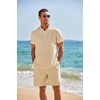 image:imageCOOFANDY Mens 2 Pieces Linen Set Henley Shirt Short Sleeve and Shorts Summer Beach Yoga Matching OutfitsLight Khaki