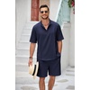 image:imageCOOFANDY Mens 2 Pieces Linen Set Henley Shirt Short Sleeve and Shorts Summer Beach Yoga Matching OutfitsNavy Blue