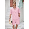 image:imageCOOFANDY Mens 2 Pieces Linen Set Henley Shirt Short Sleeve and Shorts Summer Beach Yoga Matching OutfitsPink