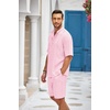image:imageCOOFANDY Mens 2 Pieces Linen Set Henley Shirt Short Sleeve and Shorts Summer Beach Yoga Matching OutfitsPink