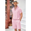 image:imageCOOFANDY Mens 2 Pieces Linen Set Henley Shirt Short Sleeve and Shorts Summer Beach Yoga Matching OutfitsPink