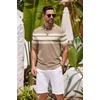 image:imageCOOFANDY Mens Knit Polo Shirts Casual Short Sleeve Button Down Shirts Crochet Classic Golf Polo Collared ShirtsKhaki With White Stripes