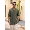 image:imageCOOFANDY Mens Linen Henley Shirts Long Sleeve Collarless TShirts Longline Kurta Beach Shirts with PocketArmy Green