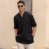 image:imageCOOFANDY Mens Linen Henley Shirts Long Sleeve Collarless TShirts Longline Kurta Beach Shirts with PocketBlack