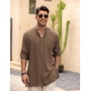 image:imageCOOFANDY Mens Linen Henley Shirts Long Sleeve Collarless TShirts Longline Kurta Beach Shirts with PocketBrown