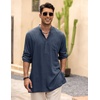 image:imageCOOFANDY Mens Linen Henley Shirts Long Sleeve Collarless TShirts Longline Kurta Beach Shirts with PocketNavy Blue