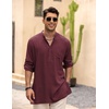 image:imageCOOFANDY Mens Linen Henley Shirts Long Sleeve Collarless TShirts Longline Kurta Beach Shirts with PocketWine Red