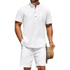 image:imageCOOFANDY Mens 2 Piece Cotton Linen Sets Summer Beach Outfits Casual Short Sleeve Henley Shirts and Vacation ShortsAll White