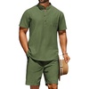 image:imageCOOFANDY Mens 2 Piece Cotton Linen Sets Summer Beach Outfits Casual Short Sleeve Henley Shirts and Vacation ShortsArmy Green