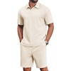 image:imageCOOFANDY Mens 2 Piece Outfits Casual Cotton Short Sleeve Polo Shirts and Shorts Sets Loose Fit Summer Athletic Track SuitsBeige
