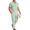 image:imageCOOFANDY Mens 2 Pieces Cotton Linen Sets Short Sleeve Casual Henley Shirt Summer Beach Pants Lounge Vacation Outfits SetLight Green