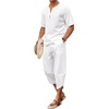 image:imageCOOFANDY Mens 2 Pieces Linen Set Henley Shirt Short Sleeve and Harem Capri Pants Wide Leg Baggy Beach Yoga Trousers Outfits01white
